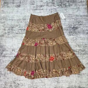 Mix Nouveau Skirt Womens 10 Brown Floral Boho Tiered Ruffle Cotton A Line